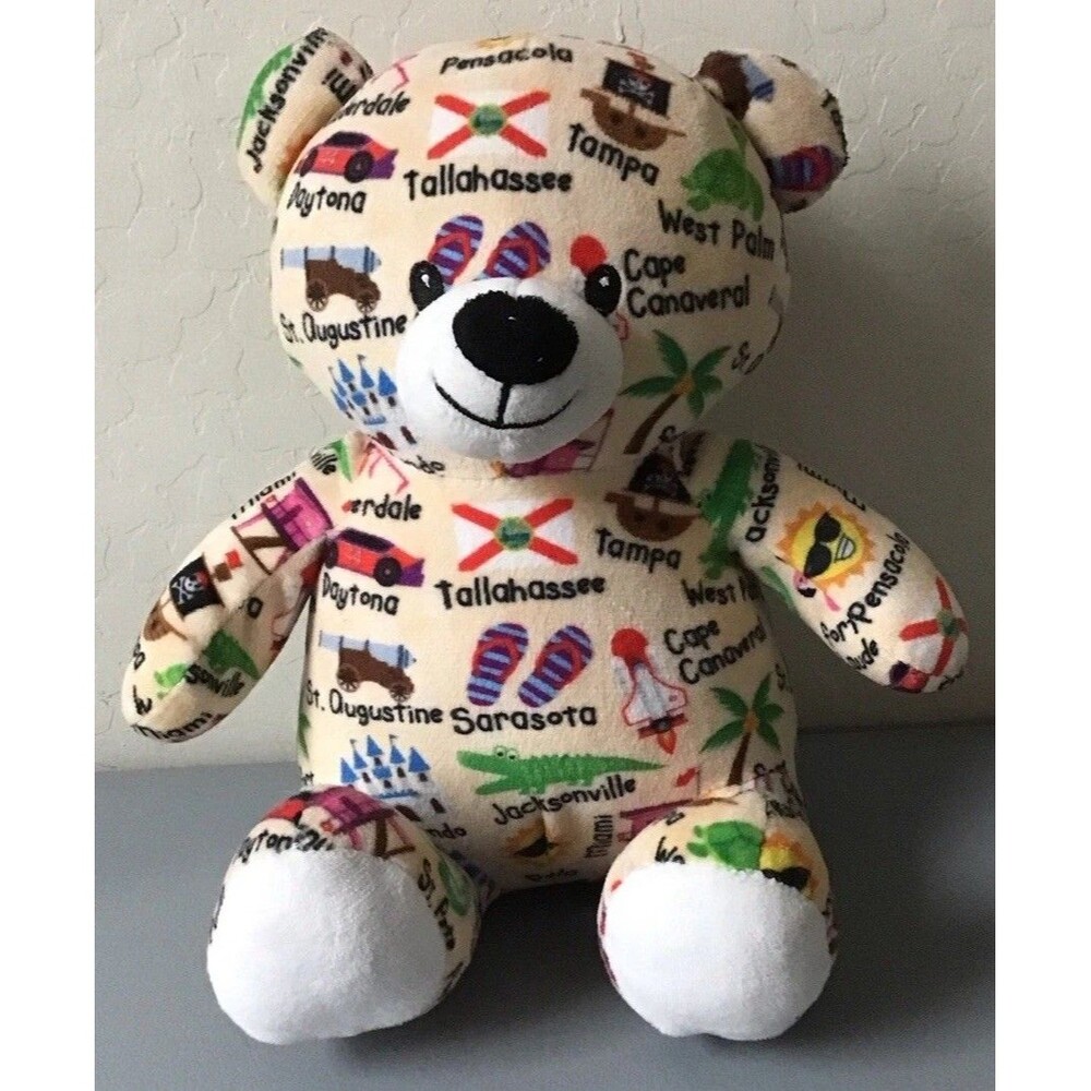 Plushology Florida Souvenir Teddy Bear Cities Landmarks All Over Print Plush 11”